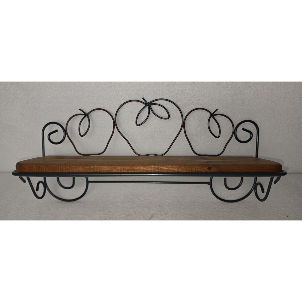 VTG Wrought Iron Wood Wall Hanging Shelf Rack Apples Kitchen Grandmacore Granny